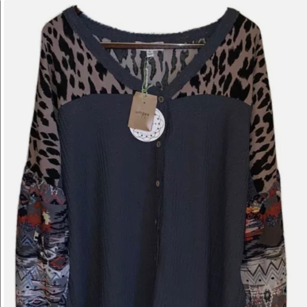 UMGEE Aztec Shirt Animal Print Long Puff Sleeve V-Neck Button Front Waffle Knit